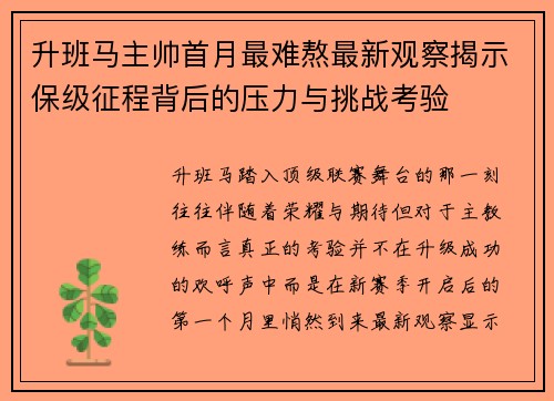 升班马主帅首月最难熬最新观察揭示保级征程背后的压力与挑战考验